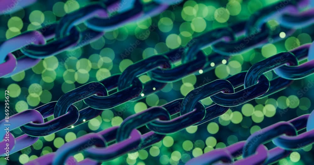 Poster futuristic blockchain concept with glowing blue bokeh and chain links