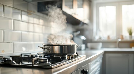 Scorched kitchen with burnt cabinets and appliances, cooking fire, household danger