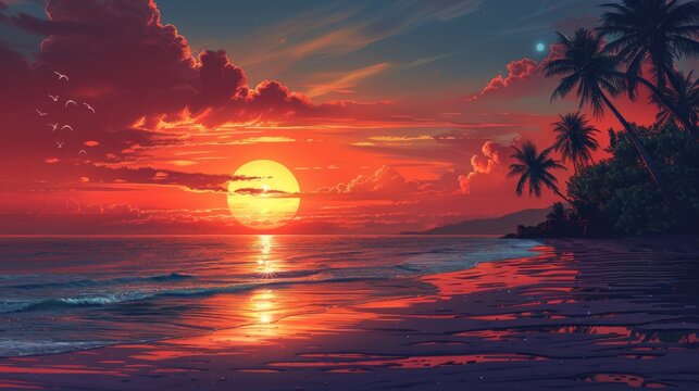 Drawing beach on sunset sky background. Summer vacation