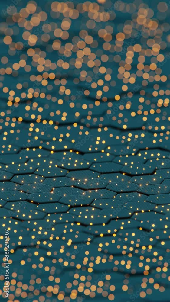 Poster abstract illuminated hexagonal pattern with bokeh effects in dark background