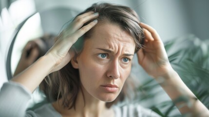 Fototapeta premium Person examining their hair in the mirror with a distressed expression, hair loss, self-awareness