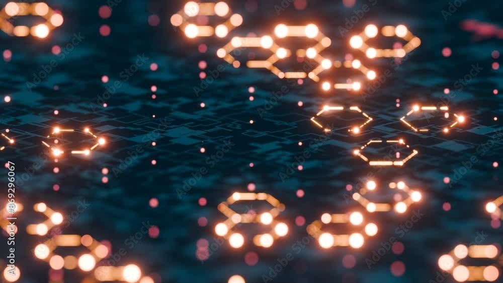 Poster futuristic hexagonal network with glowing nodes and digital background