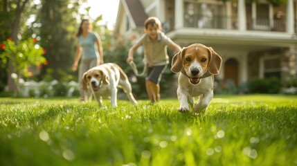 On a sunny afternoon, a family enjoys quality time on their front lawn as the kids play with their energetic beagle dog The children's excitement is palpable as they run and tumble in the grass The