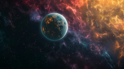 Obraz premium Planet surrounded by colorful nebulae in outer space.