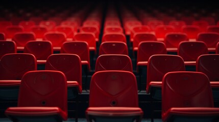 Obraz premium Rows of empty red theater seats in a dark auditorium.