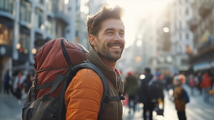 Smiling man wearing a backpack and orange jacket standing on a busy city street.