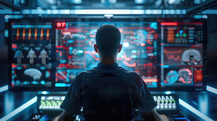 Medical professional using a holographic interface to display patient statistics in a clinical trial, showcasing futuristic healthcare technology.