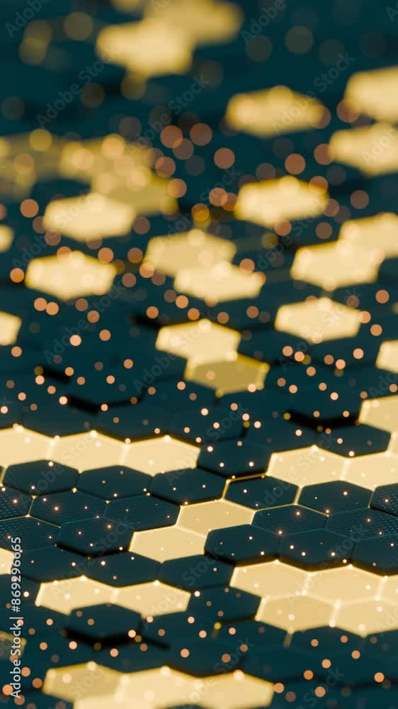 Poster abstract illuminated hexagonal pattern with bokeh effects in dark background
