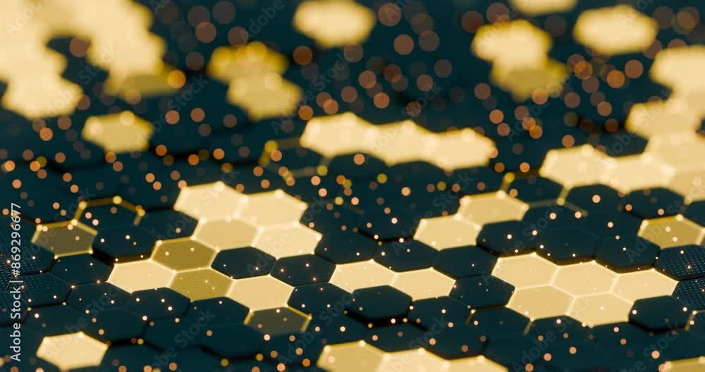 Poster abstract illuminated hexagonal pattern with bokeh effects in dark background