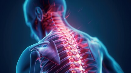 Depiction of back pain with a glowing red area along the spine and jagged lines, showing sharp, radiating pain