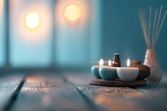 Wellness meditation space with candles and essential oils, offering a serene and aromatic atmosphere. Designed for relaxation, healing, and mindfulness practice.