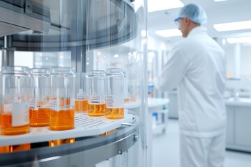A scientist in a white coat is working in a laboratory. He is looking at a glass reactor filled with orange liquid.