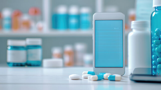 Online pharmacy app on a smartphone providing medication delivery service. Showcases the ease of access to prescription medications through digital health solutions.