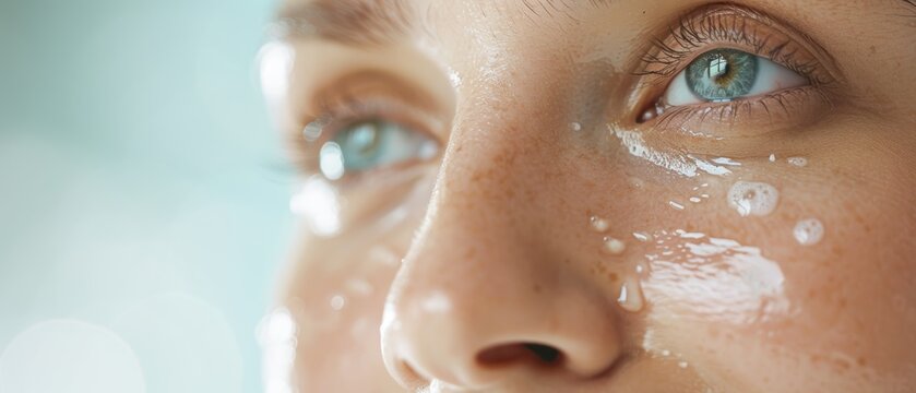 Close-up of a woman s face with a focus on skincare application, moisturizing, beauty care