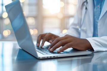 Virtual healthcare consultation with a doctor in a professional telehealth environment using a laptop. Emphasizes the convenience of modern remote medical care.