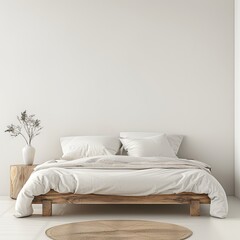 white bed in a minimalist bedroom in front of empty wall