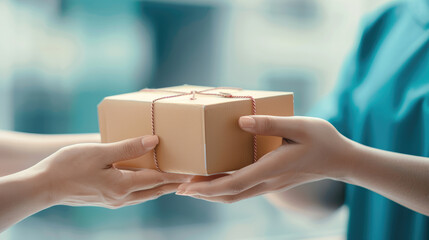 Home delivery of medications by a courier handing a box to a patient. The visual captures the interaction between the delivery person and patient in a healthcare context.