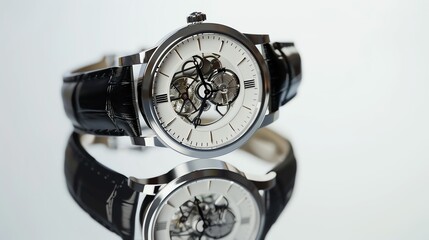 A close-up shot of a silver watch with a white face and a black leather strap. The watch is reflected on a shiny surface.