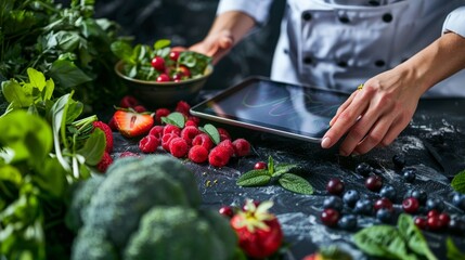 Expert in nutrition consulting a digital tablet, with an assortment of berries and greens on the table