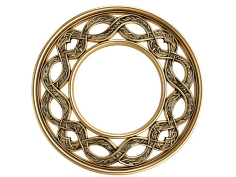 Elegant circular gold frame with intricate intertwining patterns, perfect for art and design projects or as a decorative element.