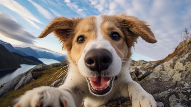 cute dog taking self portrait in outdoor landscape