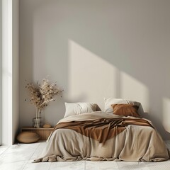 bohemian style bedroom with bed in front of empty wall
