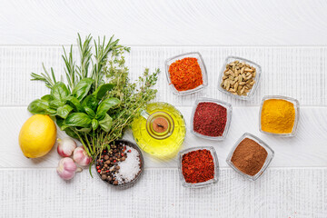 Various herbs and spices on the table