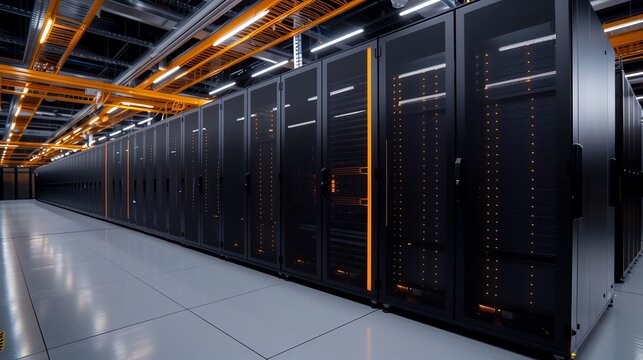 A large, dark room filled with rows of tall, black server racks. The racks are lit up by a soft, orange light. - Powered by Adobe