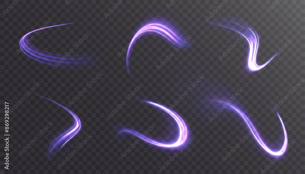 Poster bright light twirl. curve light effect of purple lines. glowing effect of curved lines. vector illus