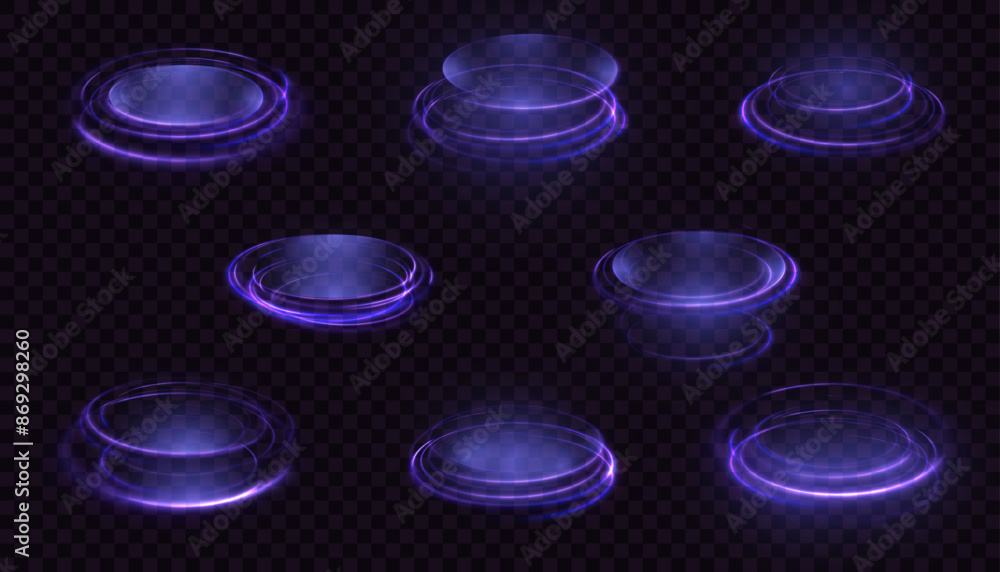 Poster glowing portal podium. set of round teleportation portals with glow in the dark neon light for vecto