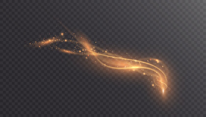 Bright magical golden Christmas glow effect. The comet sparkles with curved lines. Glowing stardust wave, shiny sparkles of magical starlight for web design and illusions.