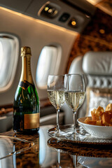 Obraz premium A plane with a table in the middle of it with a bottle of champagne