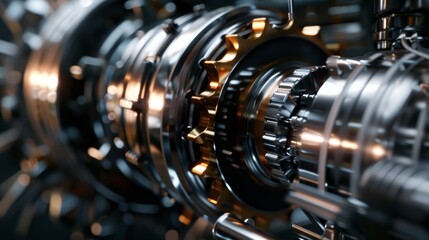 Fototapeta premium A detailed close-up of a mechanical gear with shiny, intricate components, highlighting precision engineering, technology, and the beauty of industrial design.