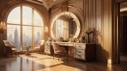 rich interior of studio with gold decorations on the walls at sunset time