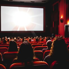 Cinema hall with white blank screen. Rows of seats, red cinema chairs. Theater empty scene. Movie theatre. Generative AI