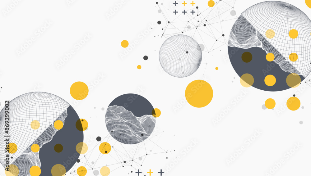 Poster Sphere  theme with connected lines in technology style background. Wireframe illustration. Abstract 3d grid design. Hand drawn.