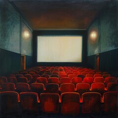 Fototapeta premium Cinema hall with white blank screen. Rows of seats, red cinema chairs. Theater empty scene. Movie theatre. Generative AI