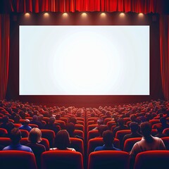 Cinema hall with white blank screen. Rows of seats, red cinema chairs. Theater empty scene. Movie theatre. Generative AI
