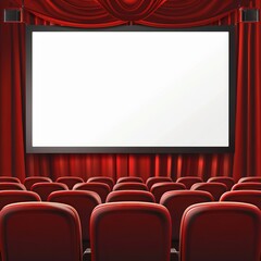 Cinema hall with white blank screen. Rows of seats, red cinema chairs. Theater empty scene. Movie theatre. Generative AI