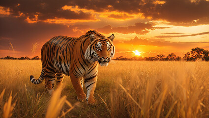 Naklejka premium A tiger with orange and black stripes is walking through a tall grassy