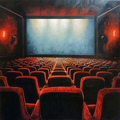 Fototapeta premium Cinema hall with white blank screen. Rows of seats, red cinema chairs. Generative AI