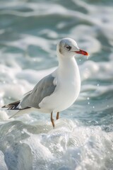 Obraz premium A seagull perched on the edge of a wave, overlooking the vast ocean
