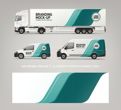 Realistic vector Van, Truck, Delivery Car mockup with graphics design for branding and corporate identity. Abstract graphics of blue stripes for business flyer background and vehicle advertising