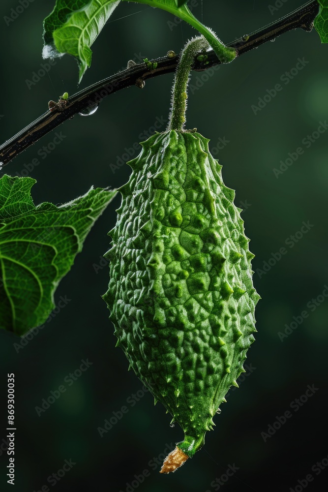 Poster a green fruit hangs from a tree branch in a natural setting