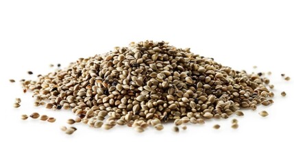 A pile of hemp seeds on a white background