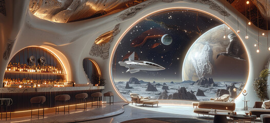A luxury resort bar and lounge in outer space, there is a space ship outside of a large window. Generative AI.