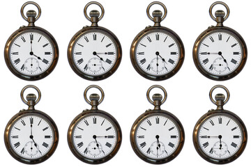 A collection of photographs of a pocket antique silver watch, transparent. The collection contains the readings of the hand in 15-minute increments, from 04:00 to 05:45