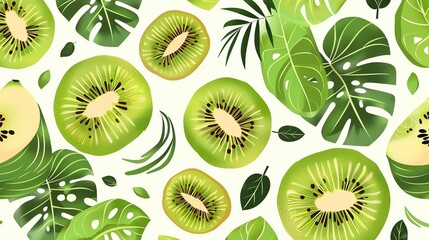 Fototapeta premium A seamless pattern of kiwi fruit slices and tropical leaves on a white background.