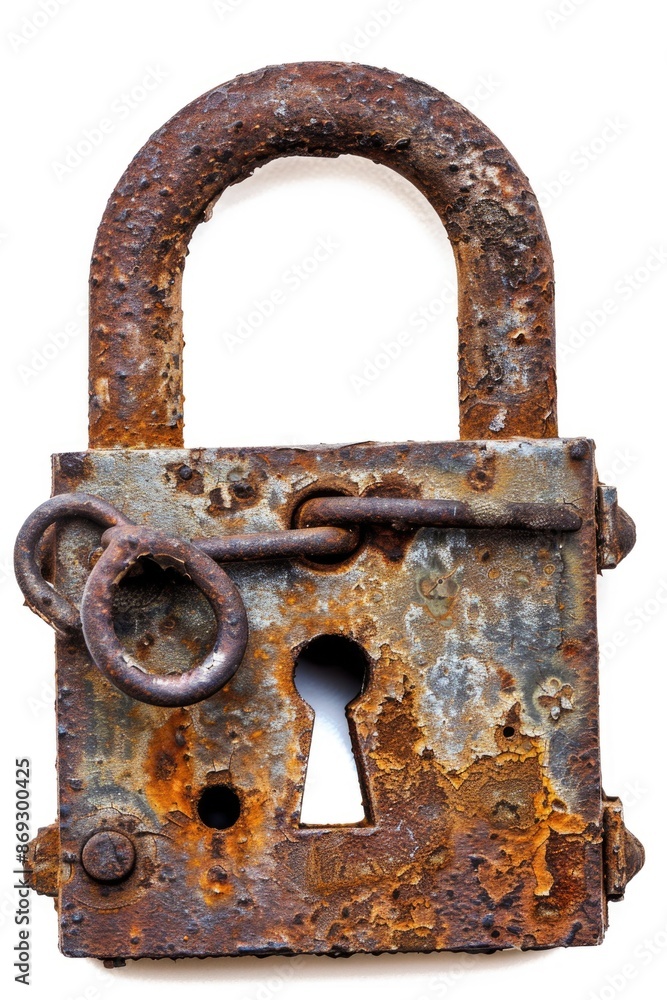 Poster a vintage padlock with rust and corrosion, accompanied by a key to unlock it