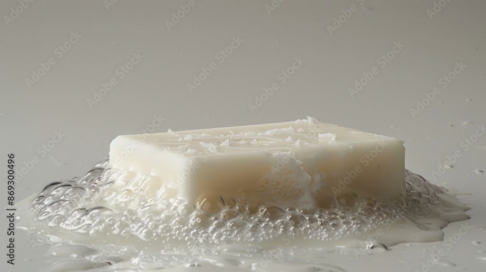 Poster A single soap bar sits on top of a stack of soap, ready for use